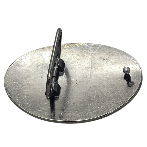 Pink Floral Enamel Belt Buckle 3.5" Oval • Beaded Edge • Silver-Tone - Picture 6 of 9